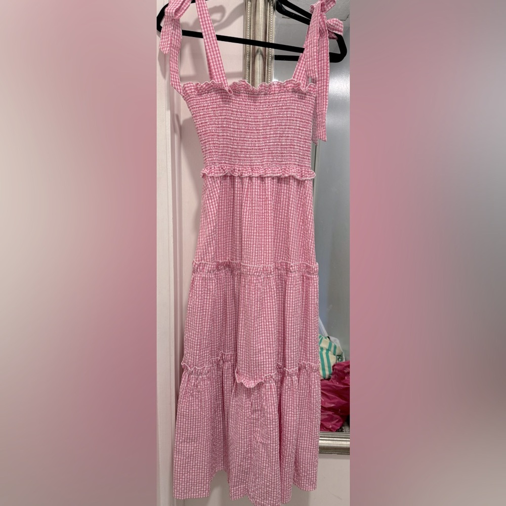 Gingham Tiered Ruffle maxi Dress Smocked Pink White
